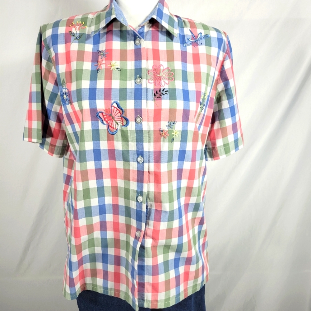 Vintage Koret Francisca Plaid Embroidered Button-down Top